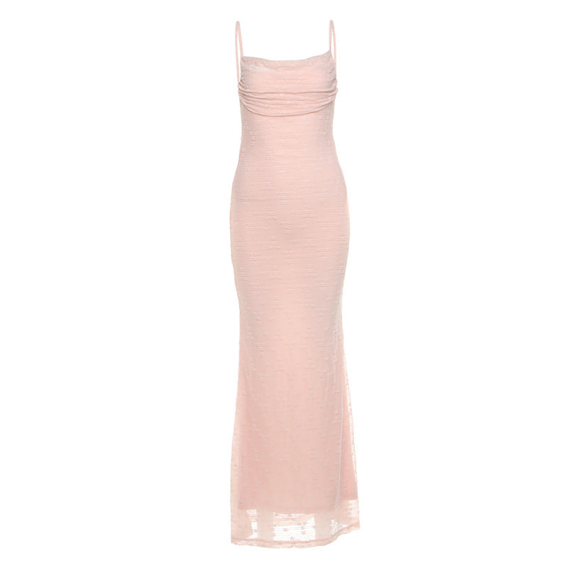 Effortless Elegance: Blush Pink Cowl Neck Maxi Slip Dress with Delicate Lace Hem – Perfect for Fall Weddings & Luxe Getaways