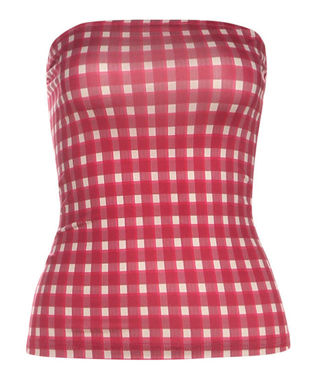 Chic Red Gingham Tube Top - Autumn Plaid Strapless Knit for Effortless Fall Style