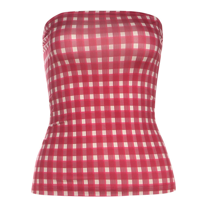 Chic Red Gingham Tube Top - Autumn Plaid Strapless Knit for Effortless Fall Style