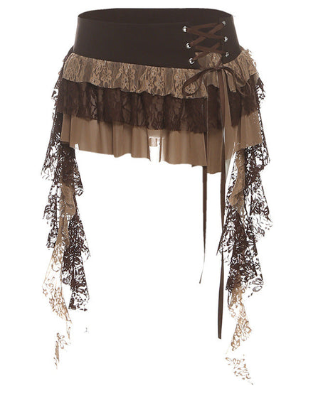 Enchanting Autumn Irregular Lace-Up Ruffle Mini Skirt - Boho & Gothic Fall Style