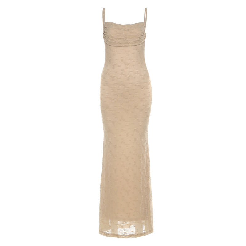 Effortless Elegance: Blush Pink Cowl Neck Maxi Slip Dress with Delicate Lace Hem – Perfect for Fall Weddings & Luxe Getaways