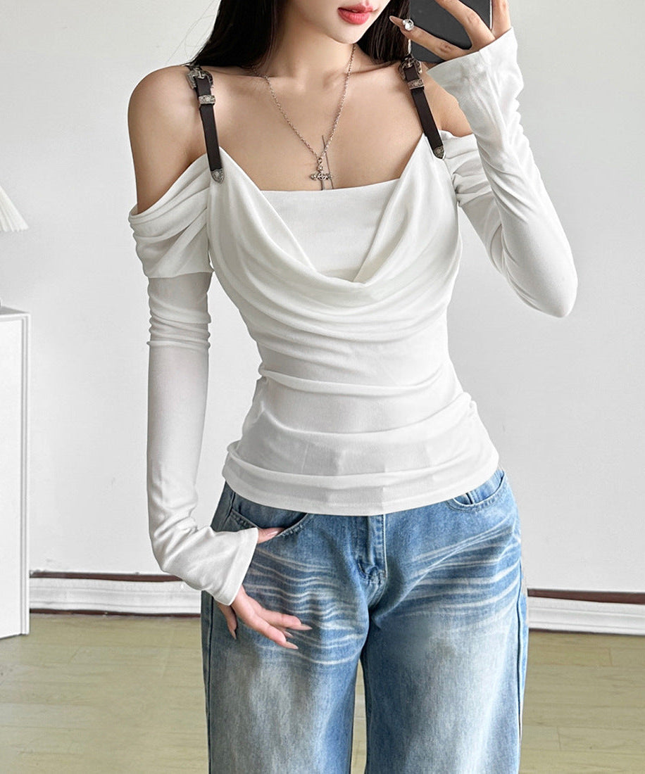 Edgy Chic Fall Buckle Strap Off-Shoulder Cowl Neck Long Sleeve Top