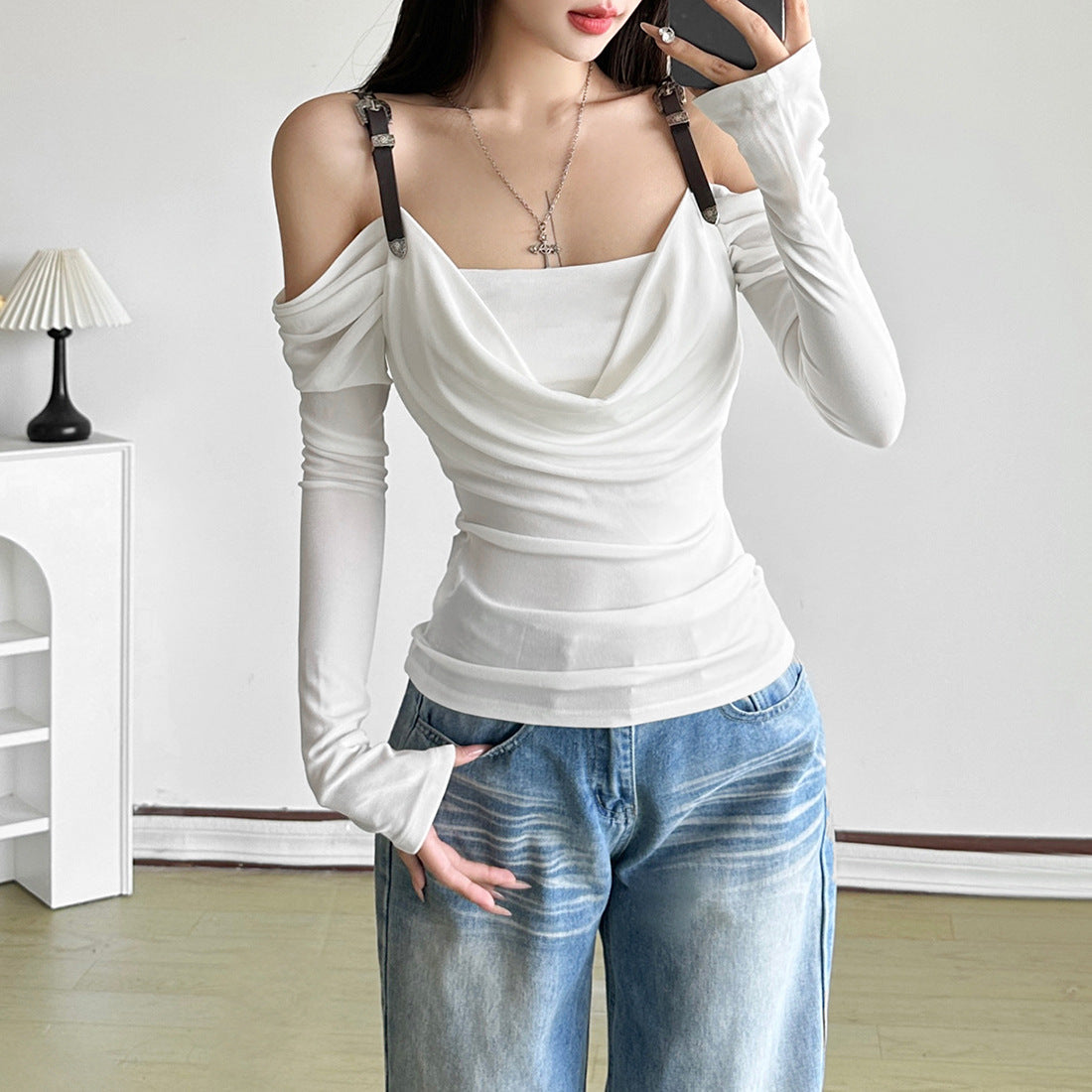 Edgy Chic Fall Buckle Strap Off-Shoulder Cowl Neck Long Sleeve Top