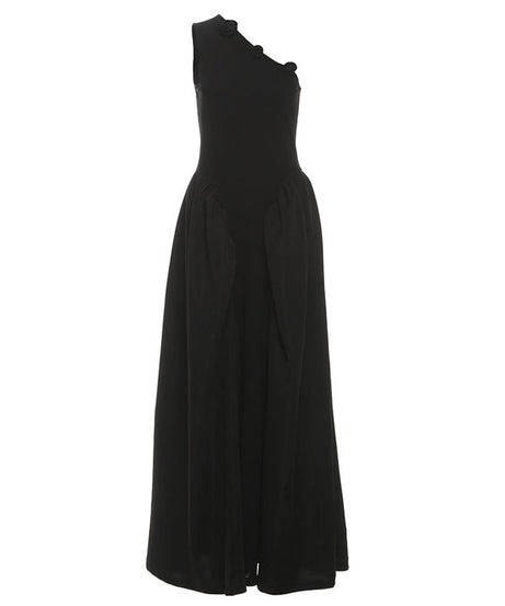 The Enchant Black One-Shoulder Maxi Dress - Elegant Fall & Holiday Gala Gown with Floral Detail
