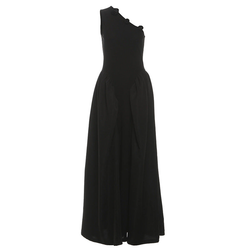 The Enchant Black One-Shoulder Maxi Dress - Elegant Fall & Holiday Gala Gown with Floral Detail