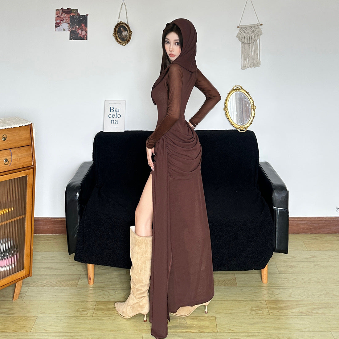 Autumn Goddess Hooded Ruched High-Slit Maxi Dress - Fall's Ultimate Statement