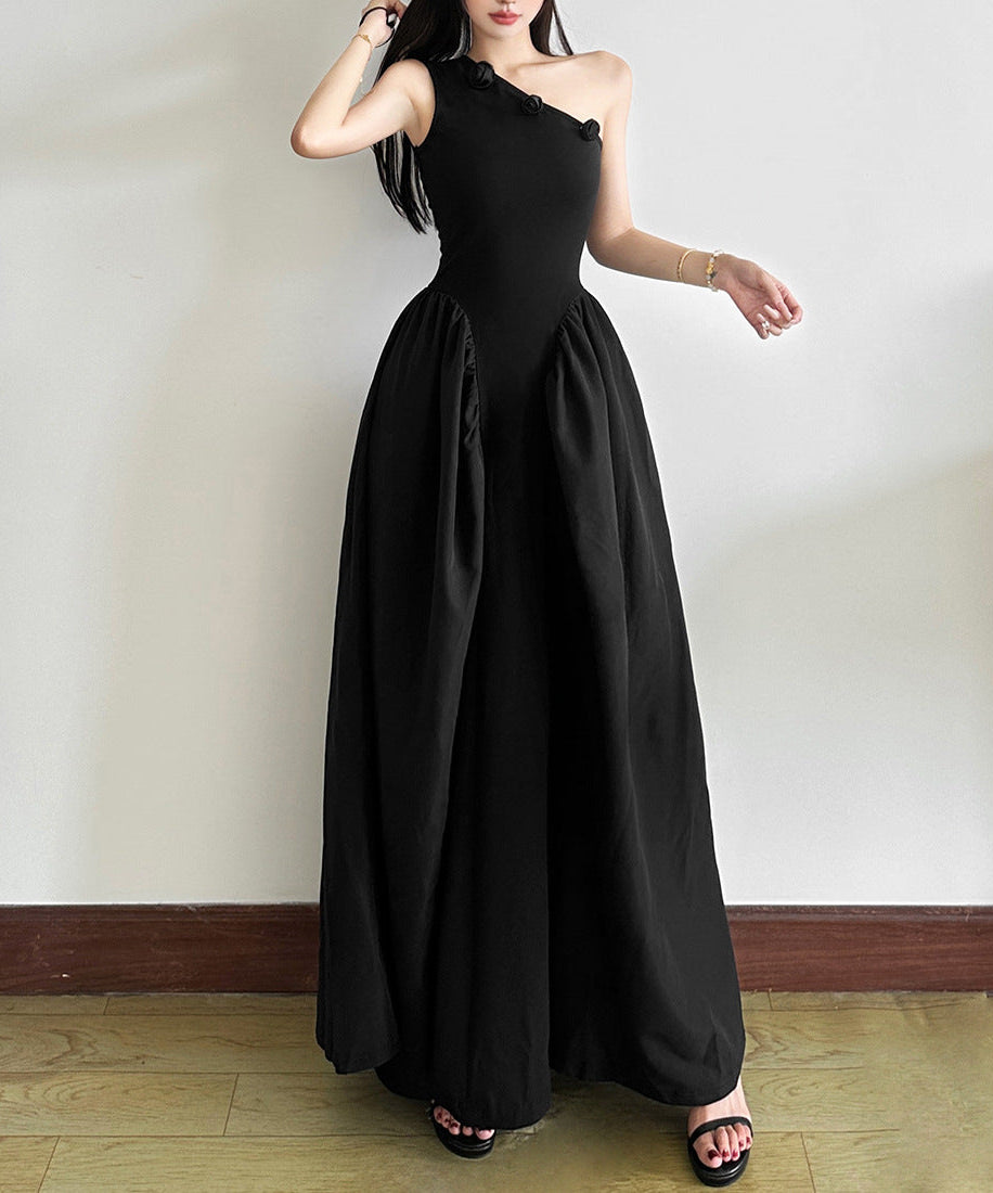 The Enchant Black One-Shoulder Maxi Dress - Elegant Fall & Holiday Gala Gown with Floral Detail