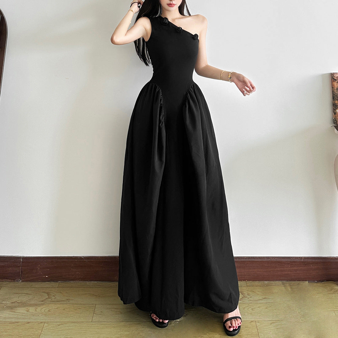 The Enchant Black One-Shoulder Maxi Dress - Elegant Fall & Holiday Gala Gown with Floral Detail