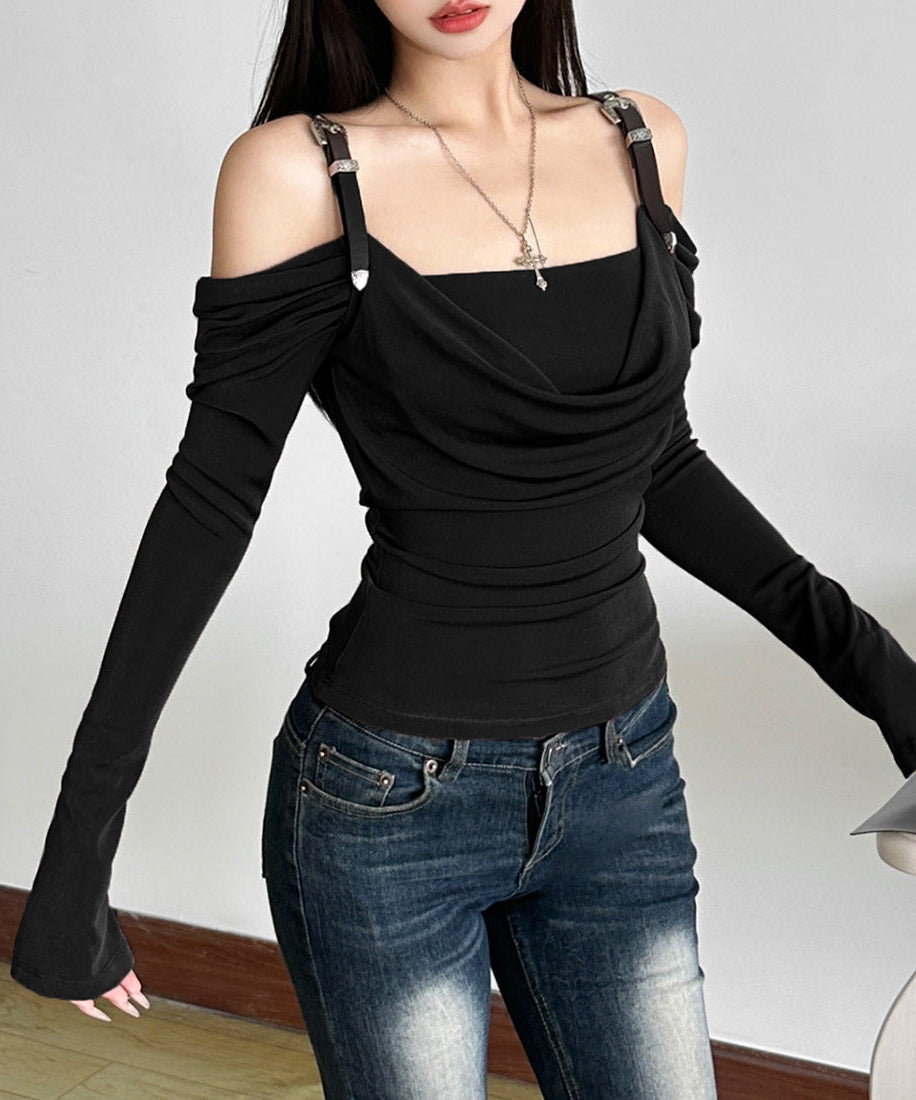 Edgy Chic Fall Buckle Strap Off-Shoulder Cowl Neck Long Sleeve Top
