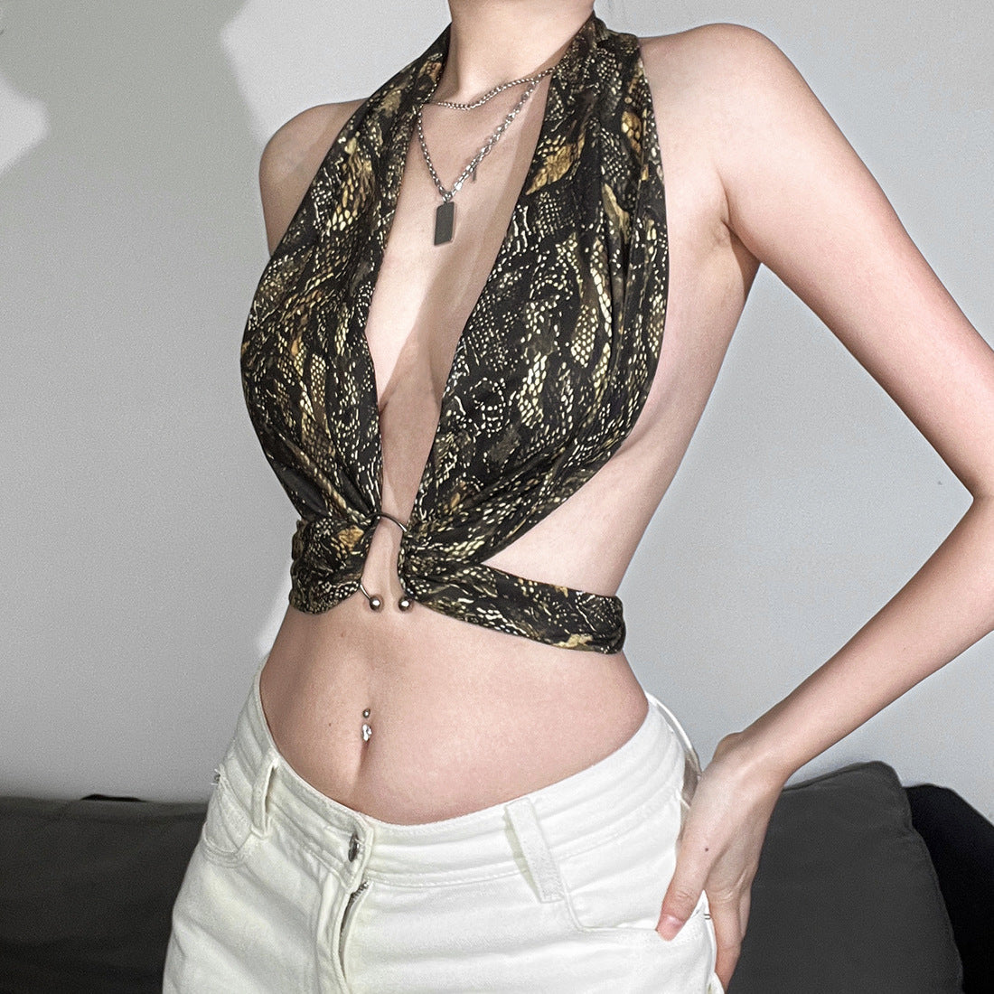 Golden Serpent O-Ring Halter Crop Top – Daring Fall Nights & Glam Getaways