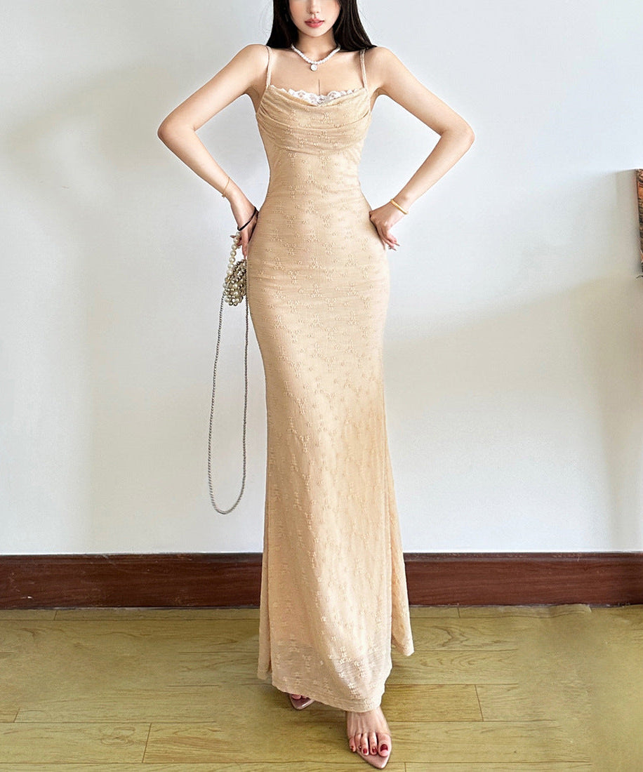 Effortless Elegance: Blush Pink Cowl Neck Maxi Slip Dress with Delicate Lace Hem – Perfect for Fall Weddings & Luxe Getaways