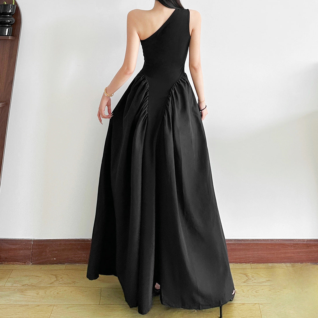 The Enchant Black One-Shoulder Maxi Dress - Elegant Fall & Holiday Gala Gown with Floral Detail