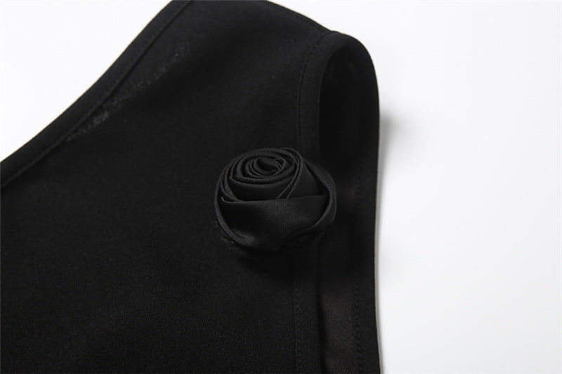 The Enchant Black One-Shoulder Maxi Dress - Elegant Fall & Holiday Gala Gown with Floral Detail