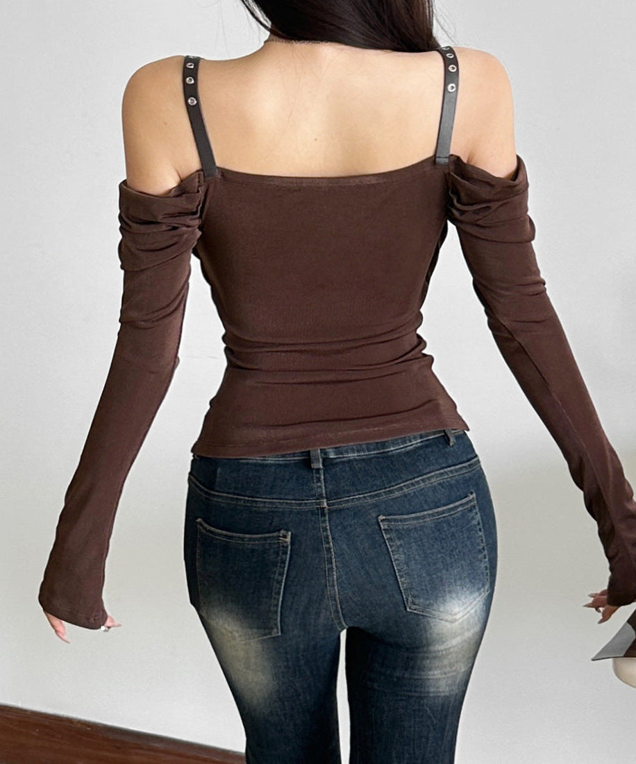 Edgy Chic Fall Buckle Strap Off-Shoulder Cowl Neck Long Sleeve Top