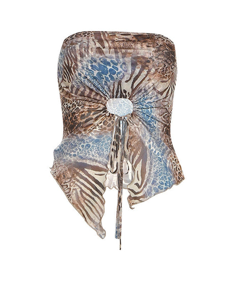 Unleash Your Wild Side: Y2K Animal Print Mesh Tube Top with Chic Tie-Front Cutout