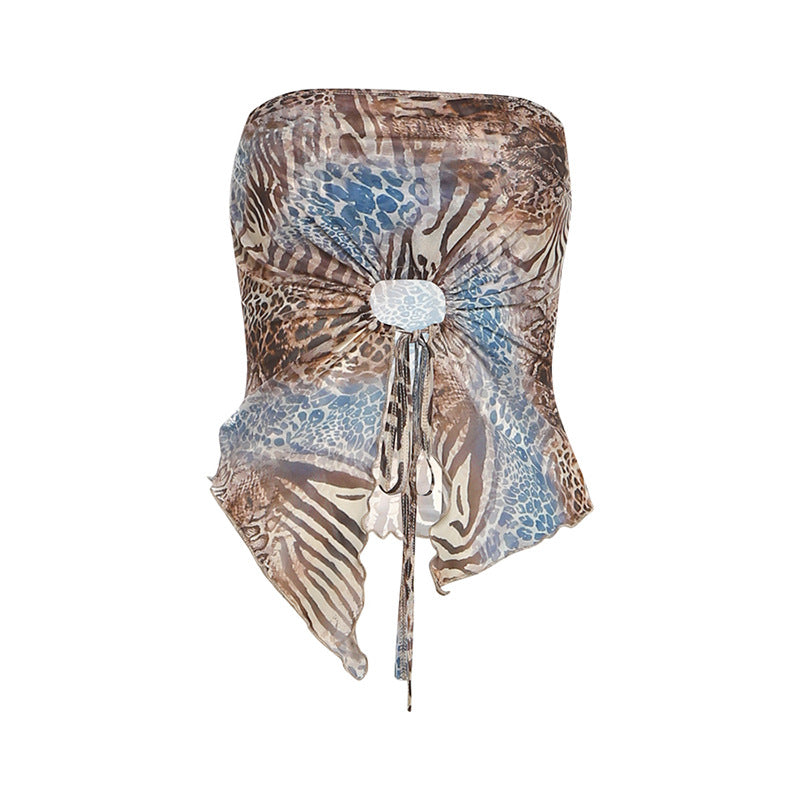 Unleash Your Wild Side: Y2K Animal Print Mesh Tube Top with Chic Tie-Front Cutout