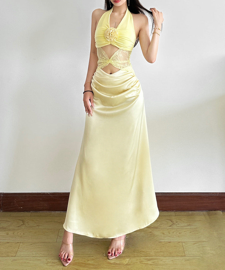 Luxe Butter Yellow Satin Halter Maxi Dress – Chic Cutout & Floral Appliqué for Holiday Galas & Resort Nights