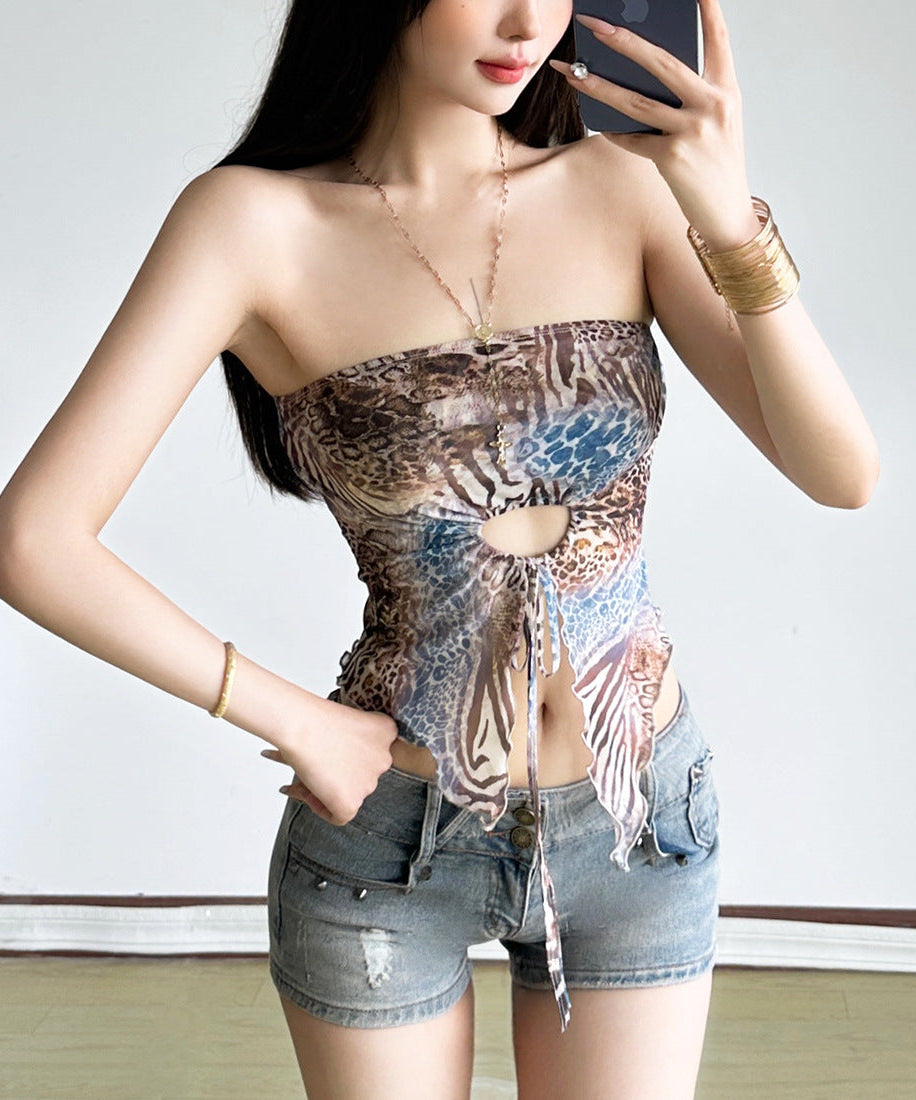 Unleash Your Wild Side: Y2K Animal Print Mesh Tube Top with Chic Tie-Front Cutout