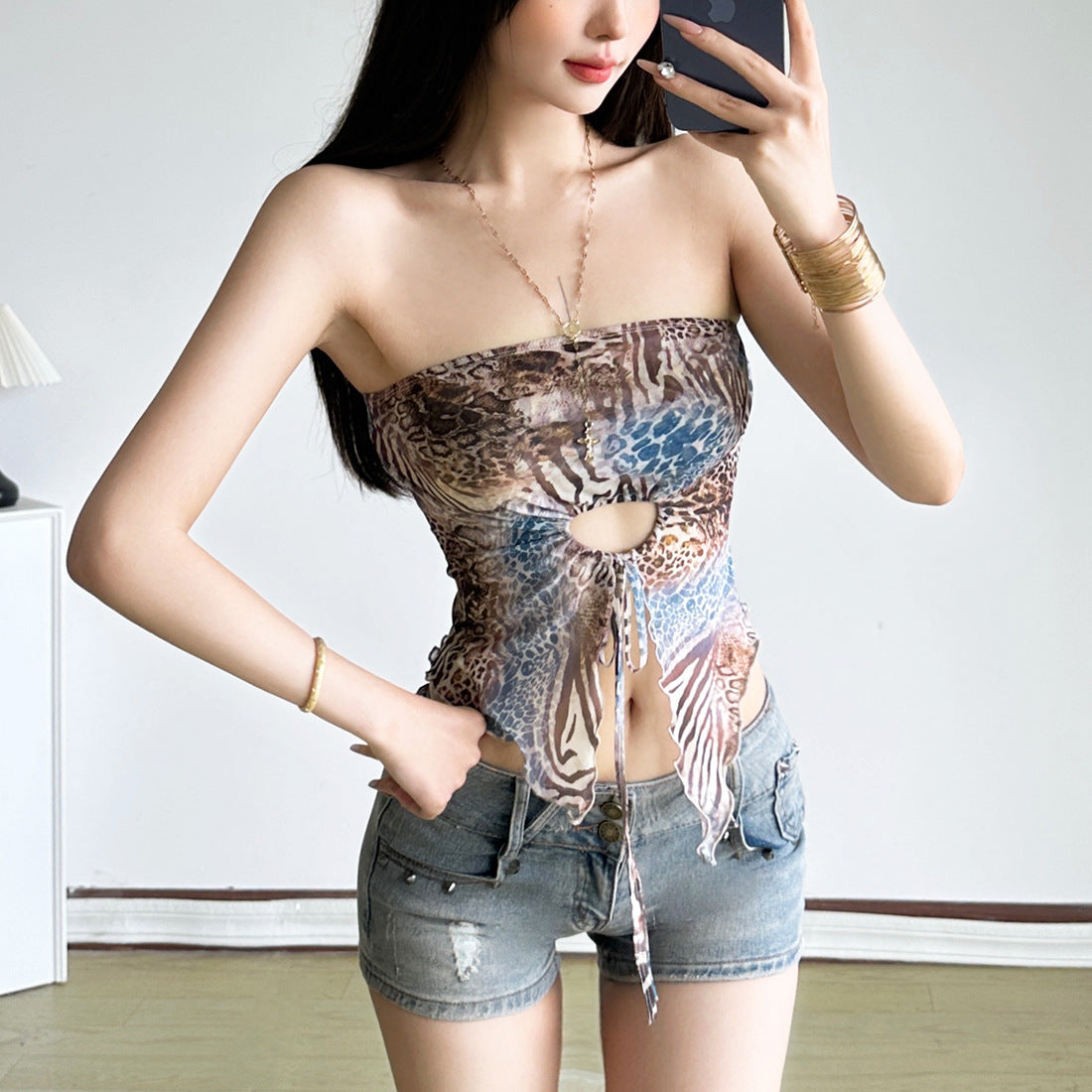 Unleash Your Wild Side: Y2K Animal Print Mesh Tube Top with Chic Tie-Front Cutout