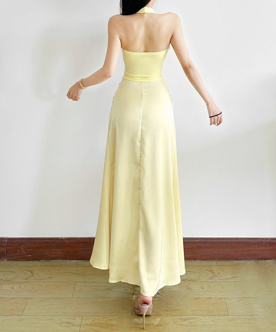Luxe Butter Yellow Satin Halter Maxi Dress – Chic Cutout & Floral Appliqué for Holiday Galas & Resort Nights