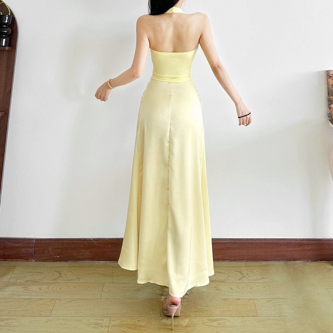 Luxe Butter Yellow Satin Halter Maxi Dress – Chic Cutout & Floral Appliqué for Holiday Galas & Resort Nights