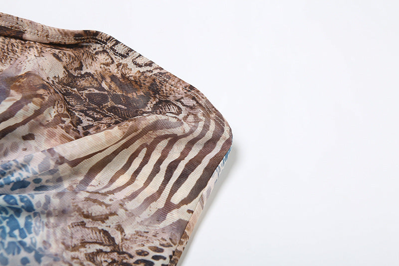 Unleash Your Wild Side: Y2K Animal Print Mesh Tube Top with Chic Tie-Front Cutout