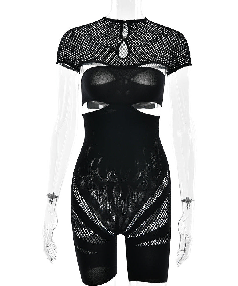 Ignite the Night: Black Flame Mesh Cutout Bodysuit Romper – Edgy Clubwear & Halloween Essential