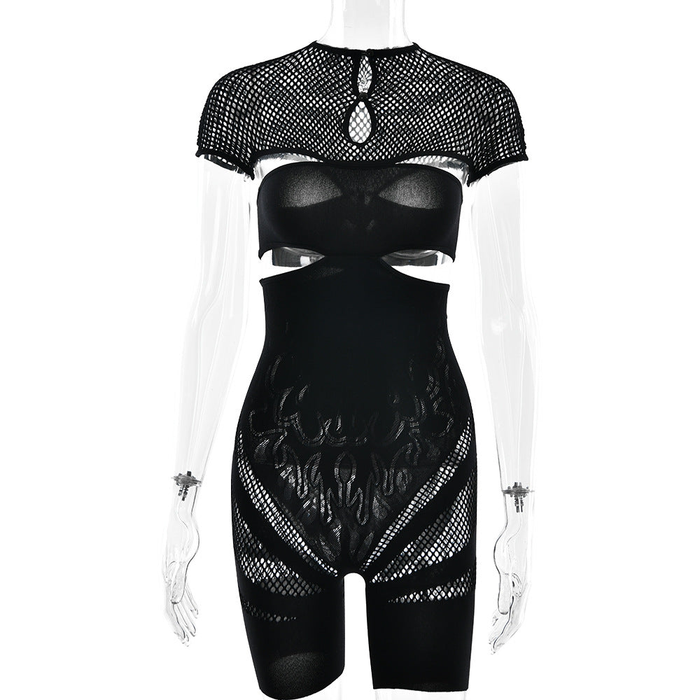 Ignite the Night: Black Flame Mesh Cutout Bodysuit Romper – Edgy Clubwear & Halloween Essential