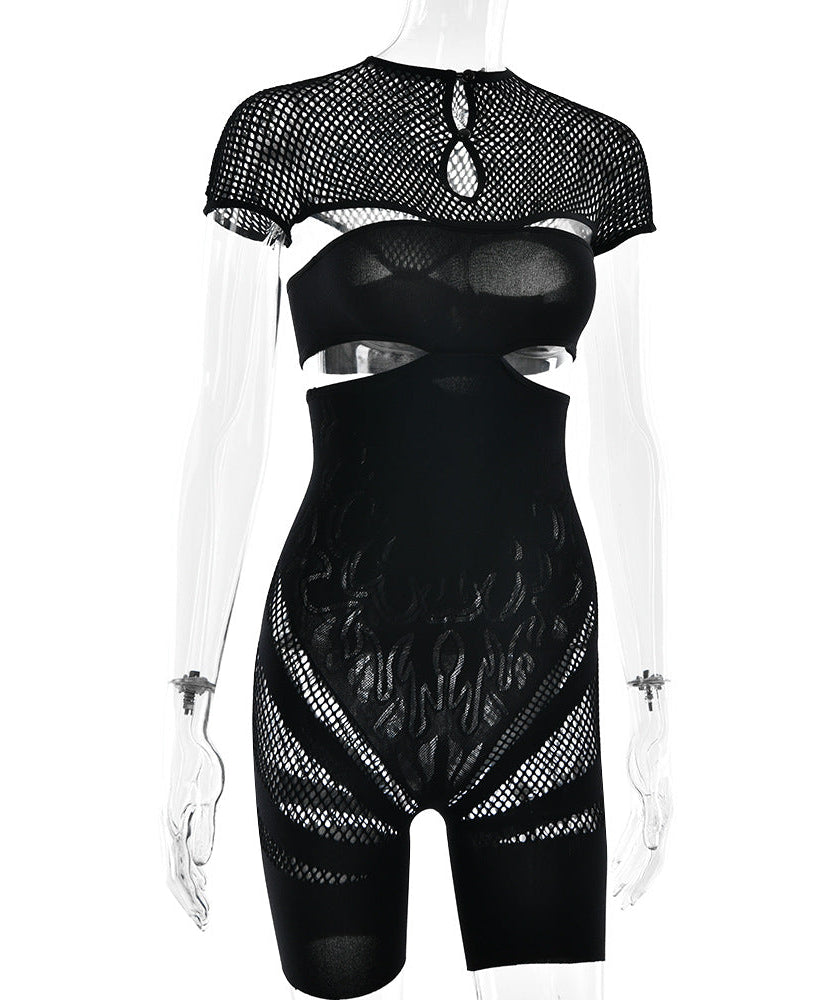 Ignite the Night: Black Flame Mesh Cutout Bodysuit Romper – Edgy Clubwear & Halloween Essential