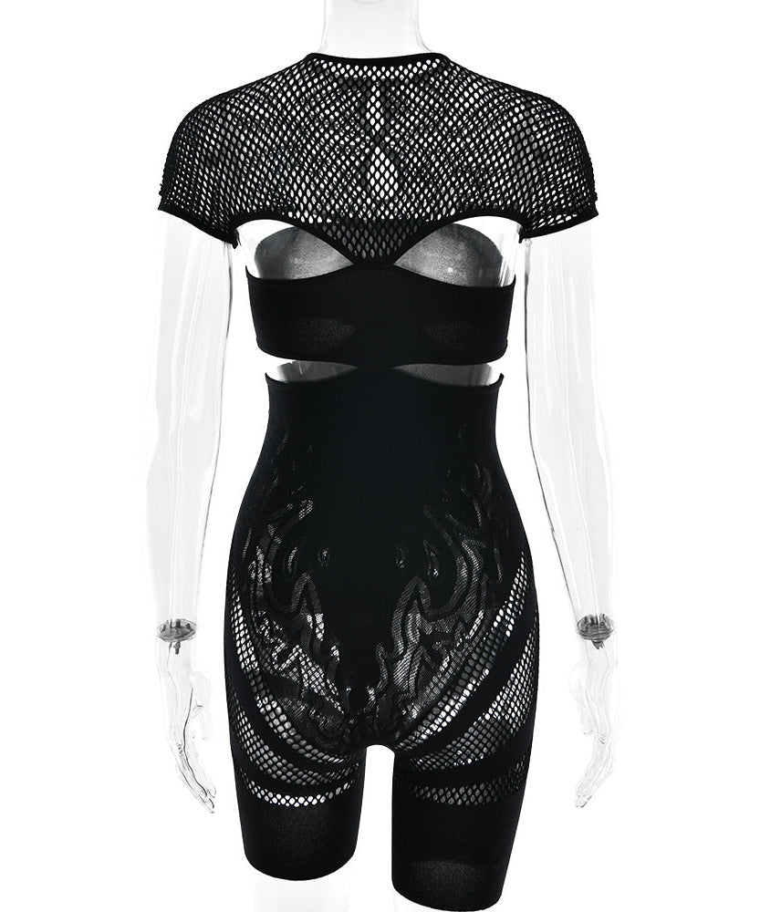 Ignite the Night: Black Flame Mesh Cutout Bodysuit Romper – Edgy Clubwear & Halloween Essential