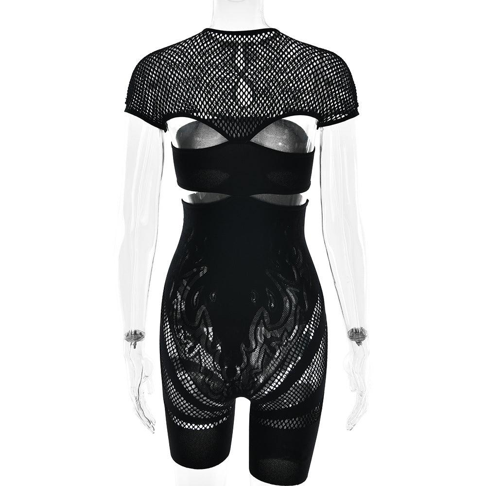 Ignite the Night: Black Flame Mesh Cutout Bodysuit Romper – Edgy Clubwear & Halloween Essential