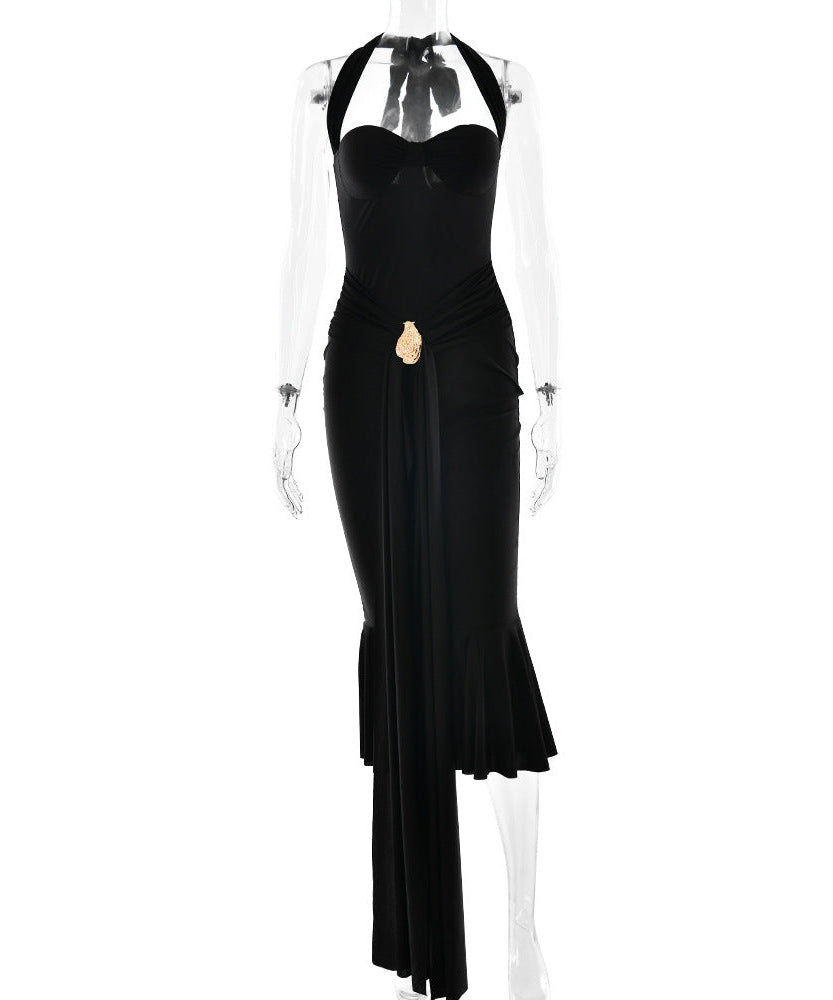 Siren Black Halter Midi Dress - Gold Glamour & Asymmetrical Drape for Holiday Soirées