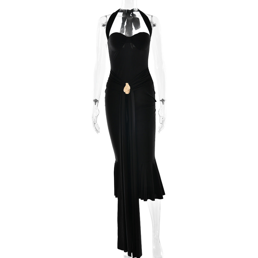 Siren Black Halter Midi Dress - Gold Glamour & Asymmetrical Drape for Holiday Soirées