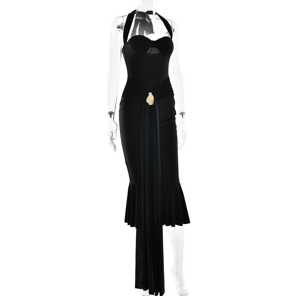 Siren Black Halter Midi Dress - Gold Glamour & Asymmetrical Drape for Holiday Soirées