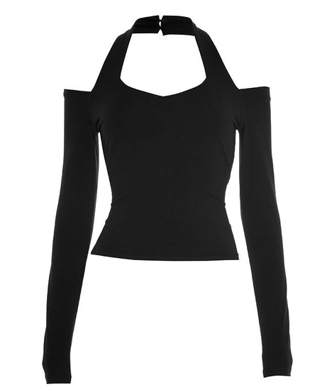 Chic Fall Nights: Black Halter Cold Shoulder Long Sleeve Top | Elevated Autumn Style