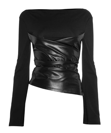 Edgy Faux Leather Ruched Long Sleeve Top - Chic Fall & Holiday Statement