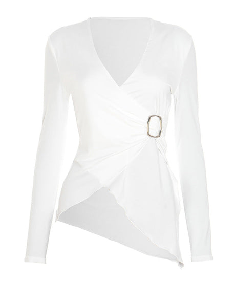 Chic Asymmetrical Buckle Wrap Top - Elevated Fall & Holiday Style for Women