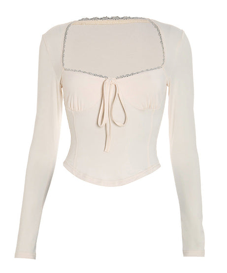 Autumn Chic: Square Neck Long Sleeve Tie-Front Top with Delicate Lace Trim – Fall Essential