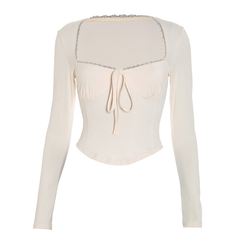 Autumn Chic: Square Neck Long Sleeve Tie-Front Top with Delicate Lace Trim – Fall Essential