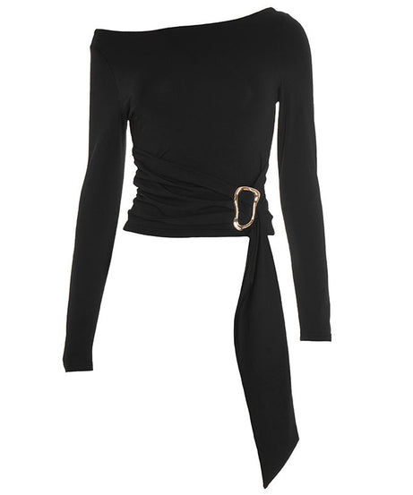 Elegant Black Off-Shoulder Ruched Top with Gold Buckle | Perfect for Fall & Holiday Glam