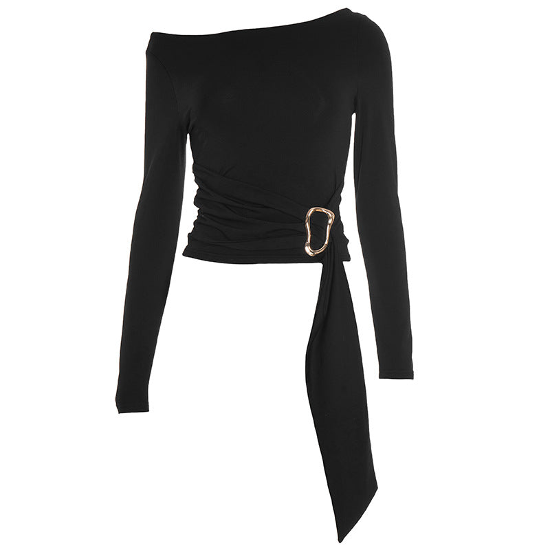 Elegant Black Off-Shoulder Ruched Top with Gold Buckle | Perfect for Fall & Holiday Glam