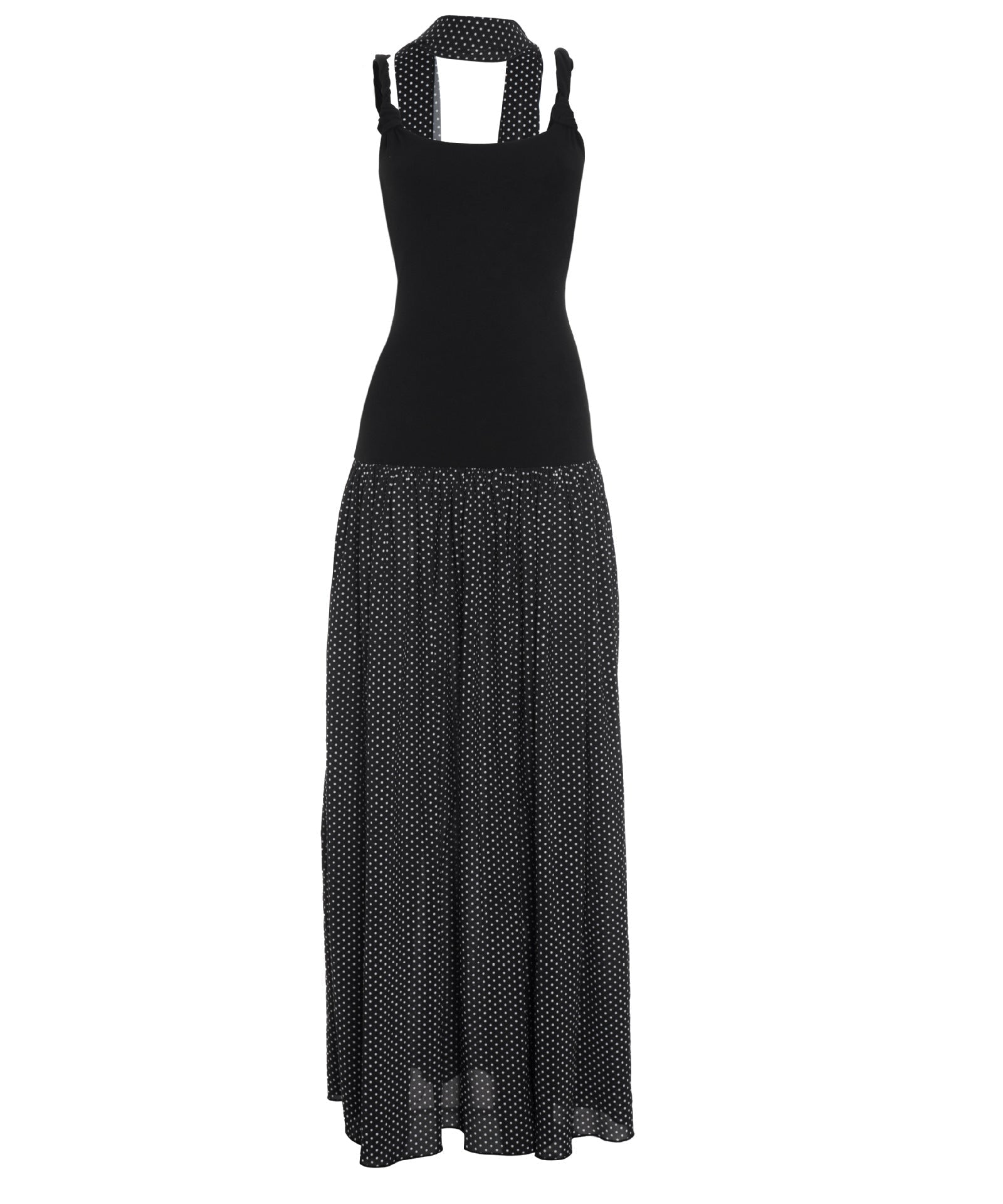 Chic Polka Dot Maxi Dress for Fall | U-Neck & Knotted Straps with Matching Scarf