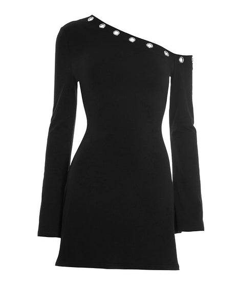 Chic Black One-Shoulder Grommet Mini Dress - Perfect for Fall Nights & Holiday Parties