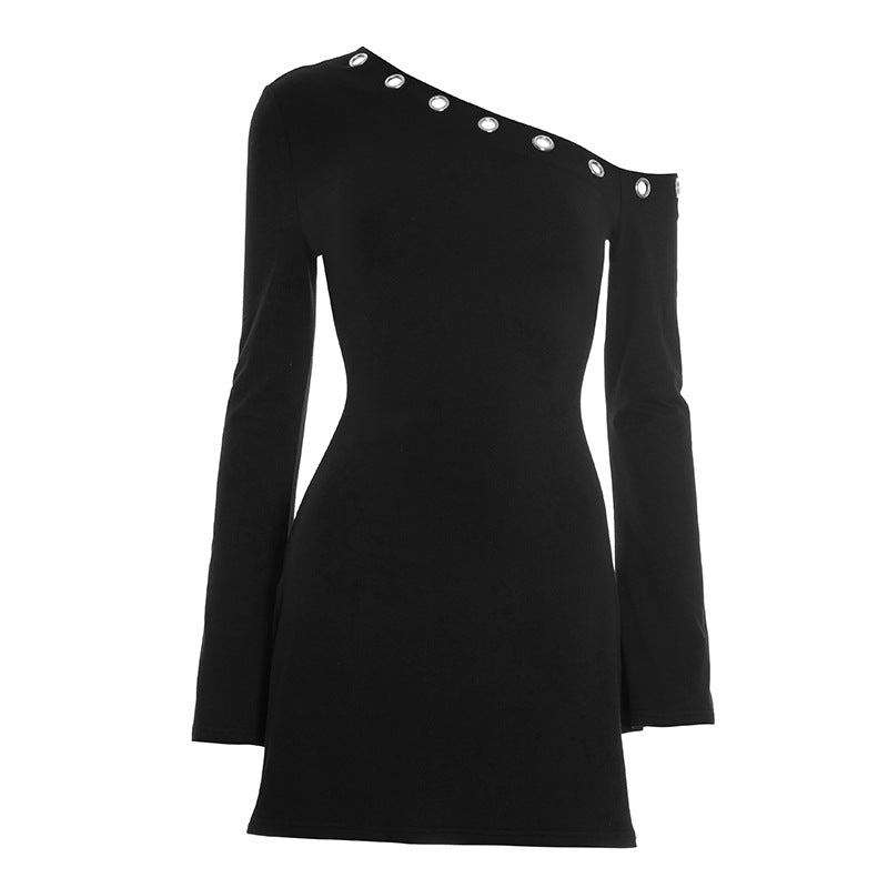 Chic Black One-Shoulder Grommet Mini Dress - Perfect for Fall Nights & Holiday Parties
