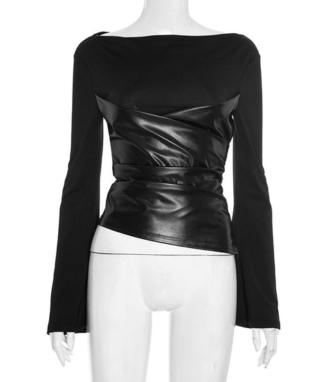 Edgy Faux Leather Ruched Long Sleeve Top - Chic Fall & Holiday Statement