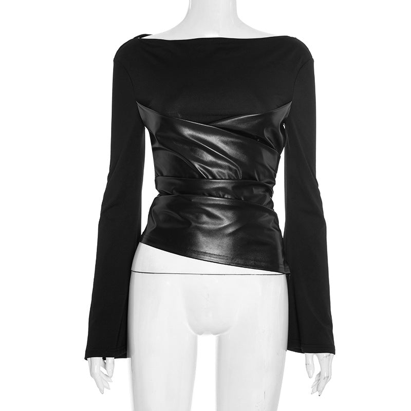 Edgy Faux Leather Ruched Long Sleeve Top - Chic Fall & Holiday Statement