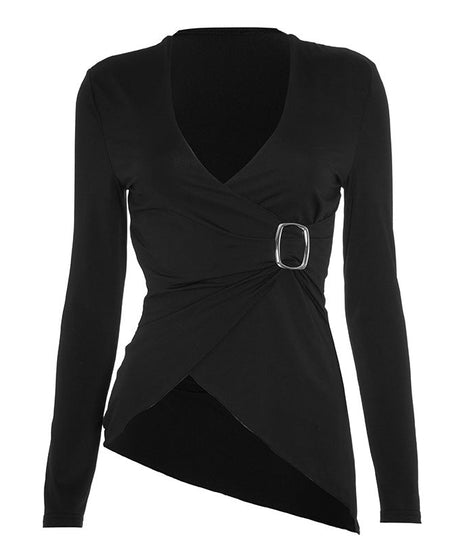 Chic Asymmetrical Buckle Wrap Top - Elevated Fall & Holiday Style for Women