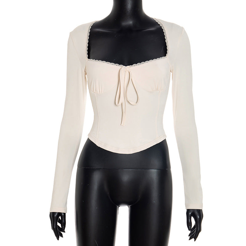 Autumn Chic: Square Neck Long Sleeve Tie-Front Top with Delicate Lace Trim – Fall Essential