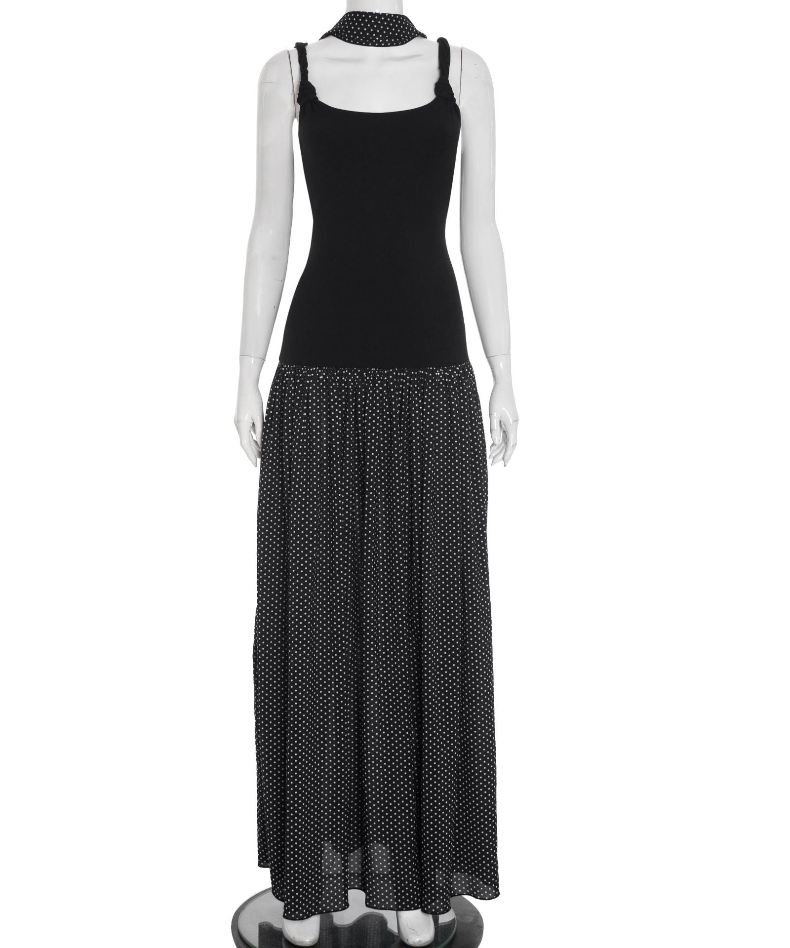 Chic Polka Dot Maxi Dress for Fall | U-Neck & Knotted Straps with Matching Scarf