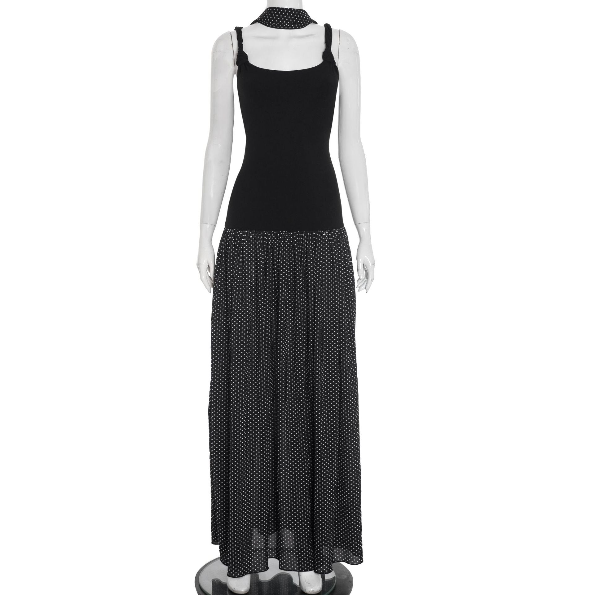 Chic Polka Dot Maxi Dress for Fall | U-Neck & Knotted Straps with Matching Scarf